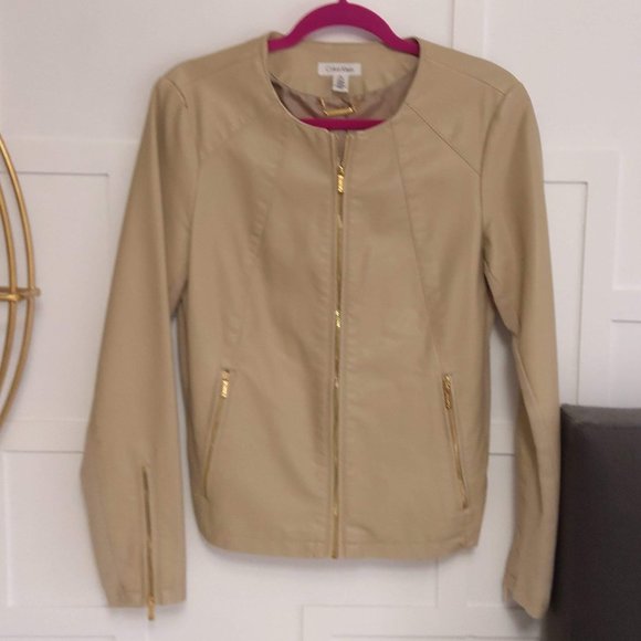 CALVIN KLEIN Pleather Jacket Light Beige Tan Cream size Medium - Picture 1 of 8